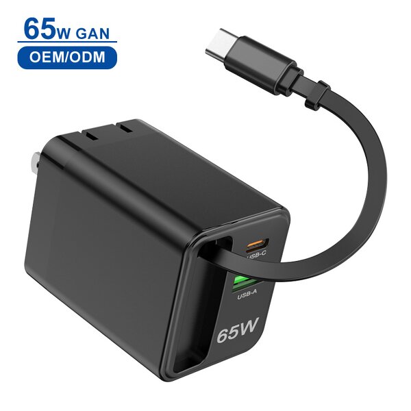 Wall Charger Supplier - OEM CE Certified 65W Fast 3-Port USB with Retractable Type C Cable