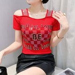 Off Shoulder T-shirt Manufacturer - Custom Hot Press Heart & Rhinestone