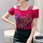 Off Shoulder T-shirt Factory - Custom Hot Press Pattern & Rhinestone