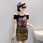 Off Shoulder T-shirt Manufacturer - Custom Hot Press Floral & Rhinestone