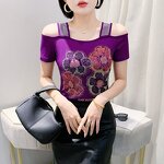 Off Shoulder T-shirt Manufacturer - Custom Hot Press Floral & Rhinestone