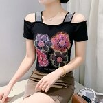 Off Shoulder T-shirt Manufacturer - Custom Hot Press Floral & Rhinestone
