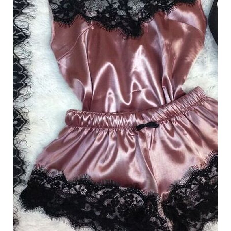 Nightwear Supplier - OEM Solid Color Satin Cardigan Lace Pajama