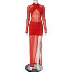 Hip Dress Factory - OEM Mesh Cross Long Sleeve Slit Dress