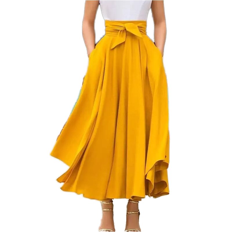 Long Skirt Factory - OEM Solid Color Bow Belt Big Hem Dress