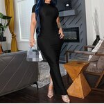 Slit Dress Factory - OEM Summer Solid Color Short Sleeve Dress