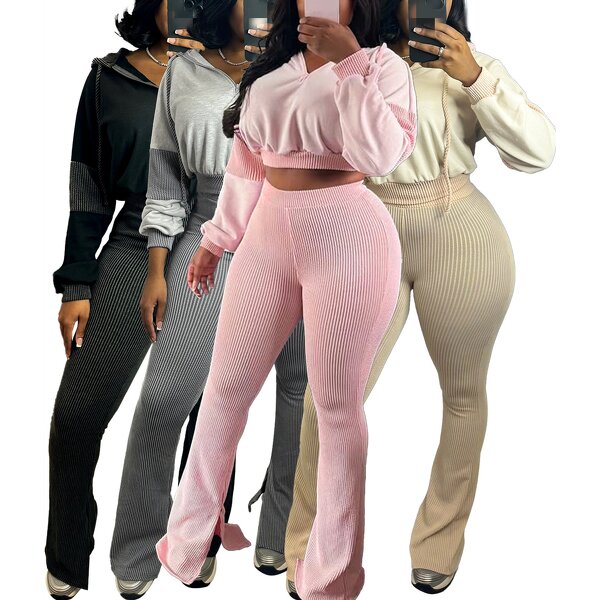 Hoodie Set Factory - OEM Twisted Strip Hoodie Bellbottom Pants Set