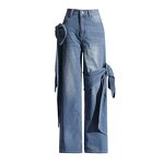 Women Jeans Supplier - OEM Denim Double Waist Pearl Wide Leg