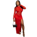 Hip Dress Factory - OEM Mesh Cross Long Sleeve Slit Dress