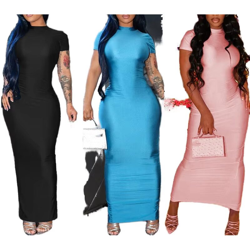 Slit Dress Factory - OEM Summer Solid Color Short Sleeve Dress