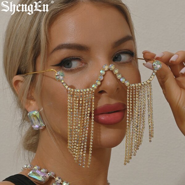 Rhinestone Tassel Glasses Manufacturer - Luxury Women Lensless Shiny Colorful for Party