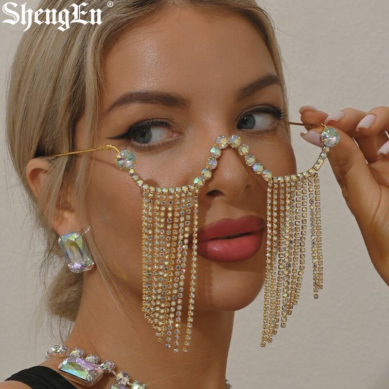 Rhinestone Tassel Glasses Manufacturer - Luxury Women Lensless Shiny Colorful for Party