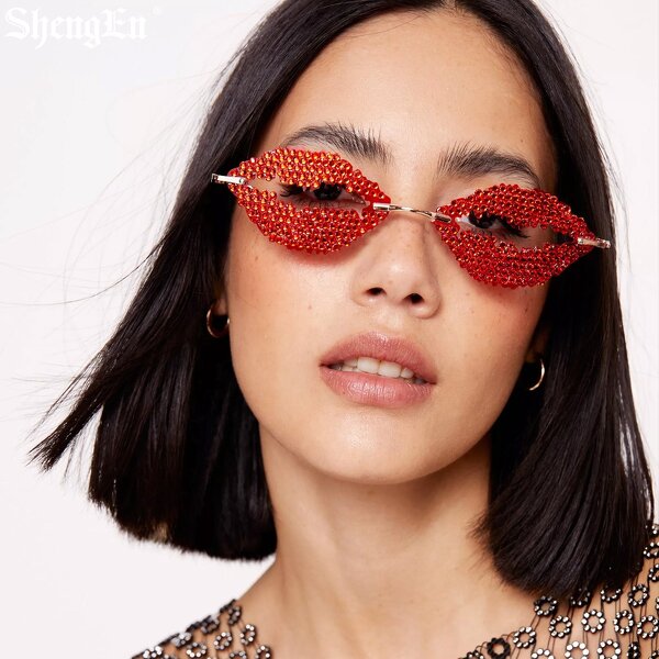 Women Lensless Glasses Supplier - Sexy Shiny Red Diamond Lip Shaped for Party