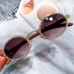 Wooden Temple Sunglasses Supplier - Retro Small Oval Luxury Vintage Punk Rhinestone Diamond