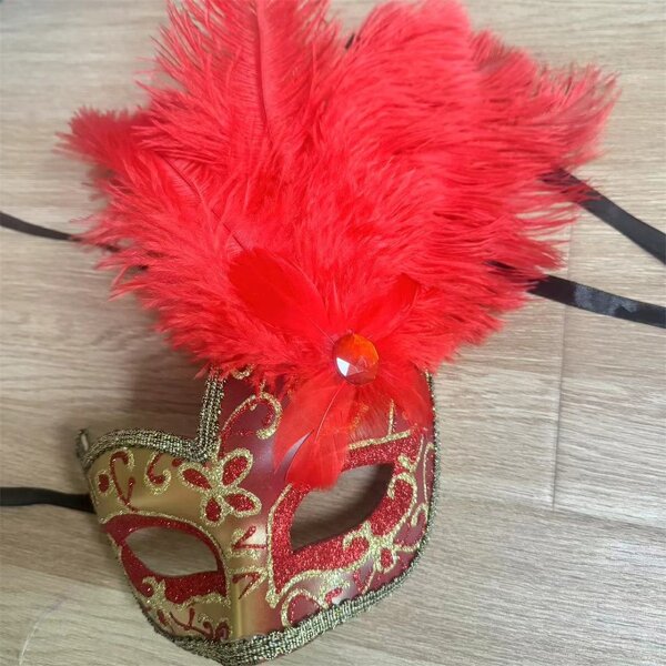 Ostrich Feather Mask Manufacturer - Venetian Carnival Red