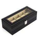 Watch Case Manufacturer - Handmade 5 Slot Black PU Leather with Clear Window