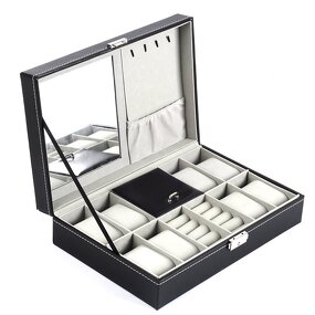 Watch Box Factory - Peculiar 8+2 Slot Black PU Leather with Mirror Pouch