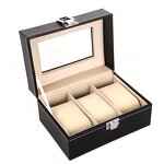 Watch Organizer Factory - Wholesale Black PU Leather 3 Slot with Transparent Window