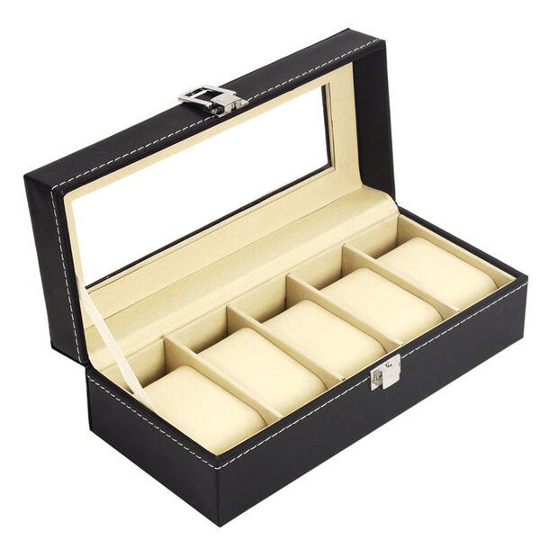 Watch Case Manufacturer - Handmade 5 Slot Black PU Leather with Clear Window