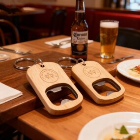 Wood Keychain Manufacturer - Custom Laser Engraved Oak Bottle Opener Keychain