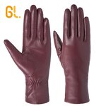 Leather Gloves Factory - Female Red Wine Color Genuine Sheep Gloves Fashion