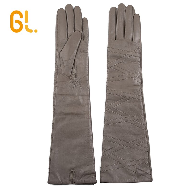 Leather Gloves Manufacturer - Ladies Sexy Long Grey Real Sheepskin for Wholesale