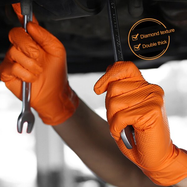 Nitrile Gloves Manufacturer - Orange Diamond Grip Textured Strong Disposable