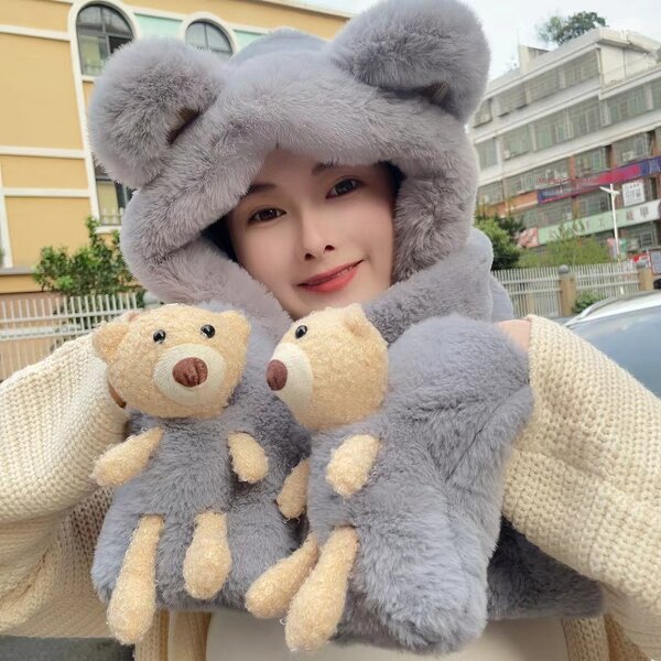 Bear Hat Gloves Scarf Set Manufacturer - Korean Cute Women's 3-Piece 100% Polyester Bows & Argyle Pattern Warm