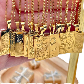 Zodiac Necklace Manufacturer - Elegant Female Stainless Steel 12 Horoscope Sign Gold-Plated Vintage Astrology Tarot Diamond