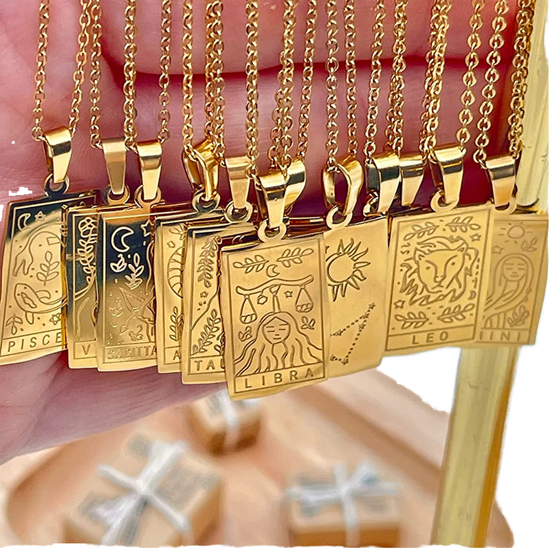 Zodiac Necklace Manufacturer - Elegant Female Stainless Steel 12 Horoscope Sign Gold-Plated Vintage Astrology Tarot Diamond