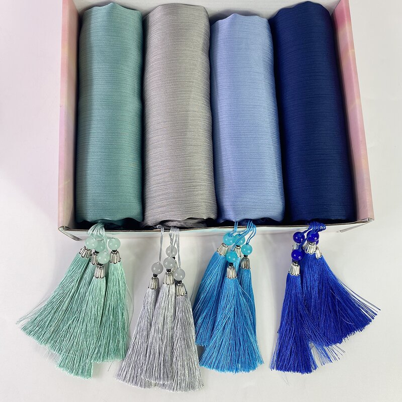 Gift Boxes Hijab Manufacturer - Crinkle Satin Silk Scarf Pendant Tassel Muslim Solid Plain Shawls Wrap Islamic