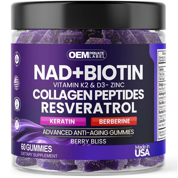 NAD+ Resveratrol Gummies Factory - OEM Anti-Aging K2 & D3 for Hair Skin Nails Joint
