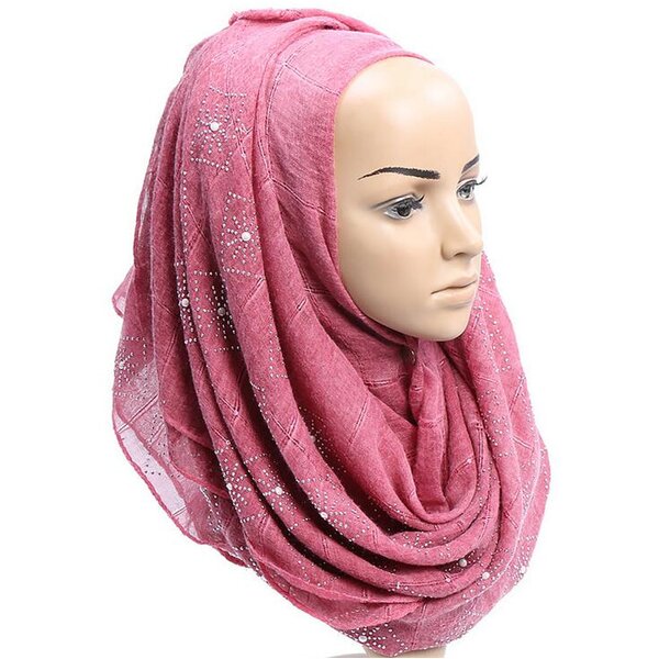 Muslim Hijab Factory - Long Wrap Plaid Scarf with Stones