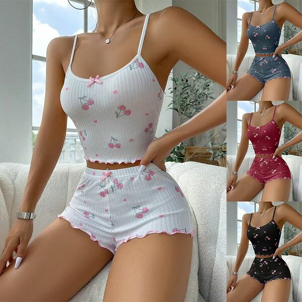 Women's Pajama Set Manufacturer - OEM Cherry Print Bow Cami Shorts