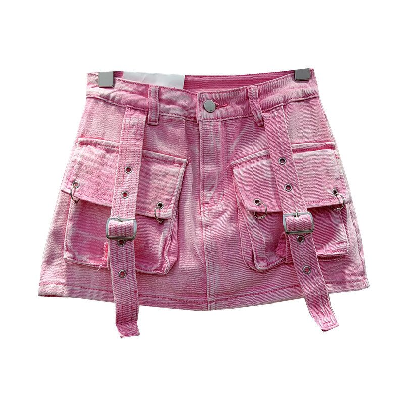 Denim Short Dress Factory - OEM Retro Pink Pocket Strap