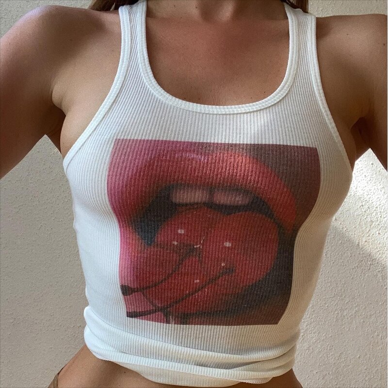 Crop Top Factory - OEM Summer Lip Print Rib Vintage