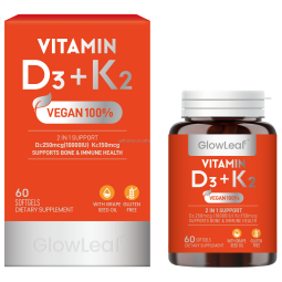 Glowleaf K2 D3 Supplement 60 Capsules Vitamin D3 and Vitamin K2 Soft Capsules Dietary Supplement