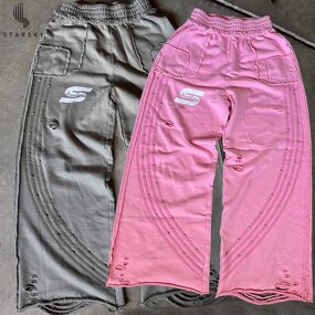 Men's Casual Pants Manufacturer - OEM Fashion Loose Sports Stripe Stitching Ripped