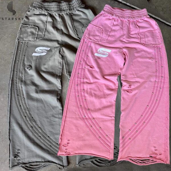 Men's Casual Pants Manufacturer - OEM Fashion Loose Sports Stripe Stitching Ripped