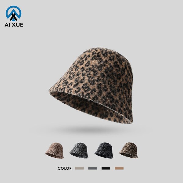 Winter Bucket Hat Manufacturer - OEM Female Leopard Print Wool Felt Bow