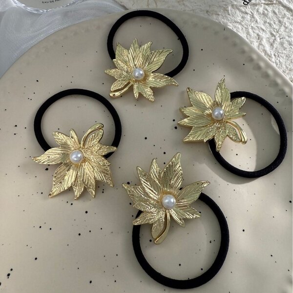 Hair Rope Supplier - New Gold Bow Leaf Alloy Elastic Simple Elegant Ties