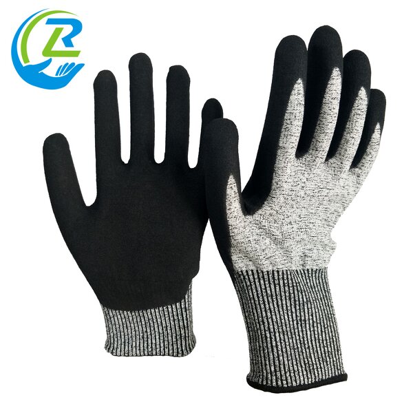 Protective Gloves Supplier - Black Polyester Dipped Nitrile Sandy