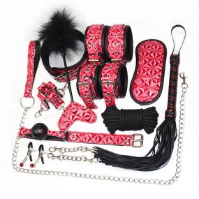 1 Gag Mouth Plug Ball Sex Love Game Handcuffs Leather Whip Rope Collar Plush Rope 10 Pieces Set Bondage Kit Adult Play Fun Toys