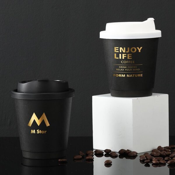 Gold Foil Coffee Cup Factory - Wins Flying Gold Foil Stamping Black Disposable Takeaway Double Wall with Lid