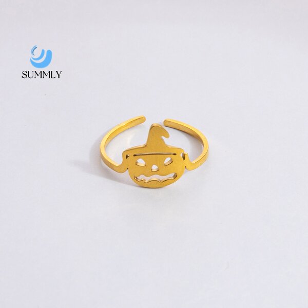 Halloween Ring Supplier - Stainless Steel Open 18K Gold Cartoon Pumpkin