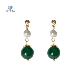 Mosquito Coil Ear Clip Factory - Vintage Green Agate Pearl 18K Gold Plated Copper