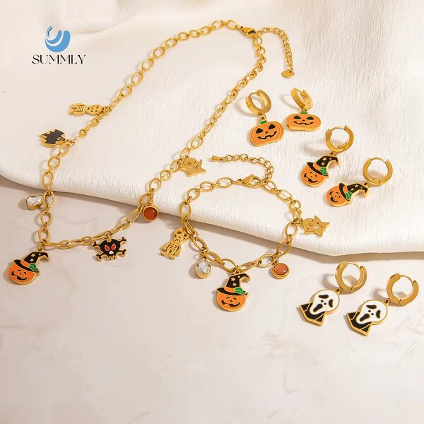 Halloween Jewelry Factory - Trendy Pumpkin Head Ghost 18K Gold Plated Charm