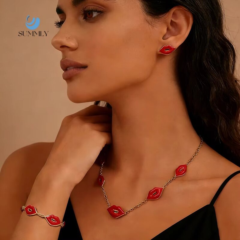 Red Lip Jewelry Set Supplier - Oil Drop Pendant 18K Gold Plated Set