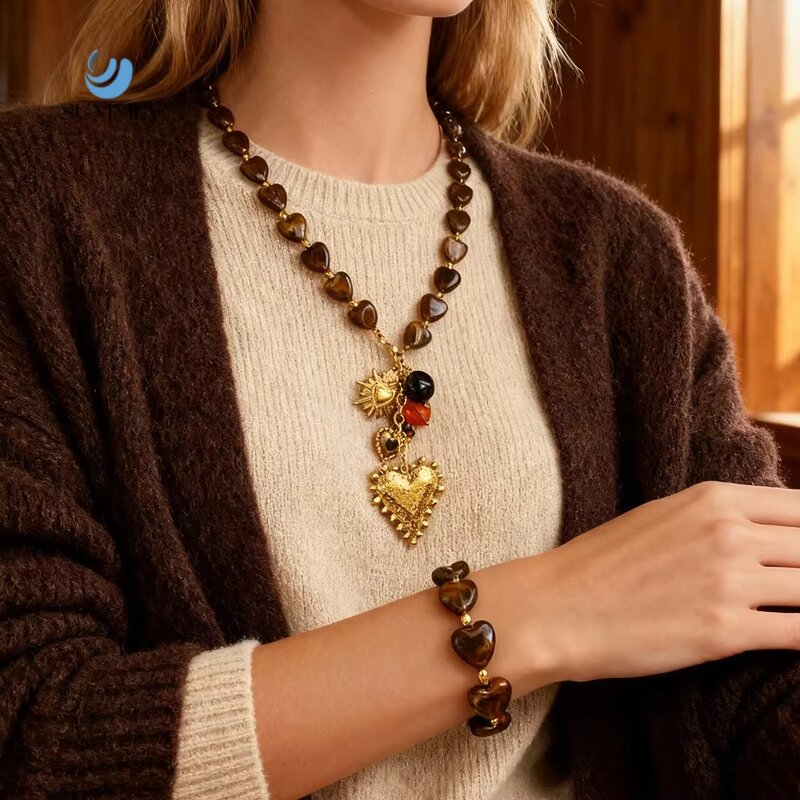 Heart Pendant Jewelry Set Supplier - Autumn Winter Resin Beads 18K Gold Plated