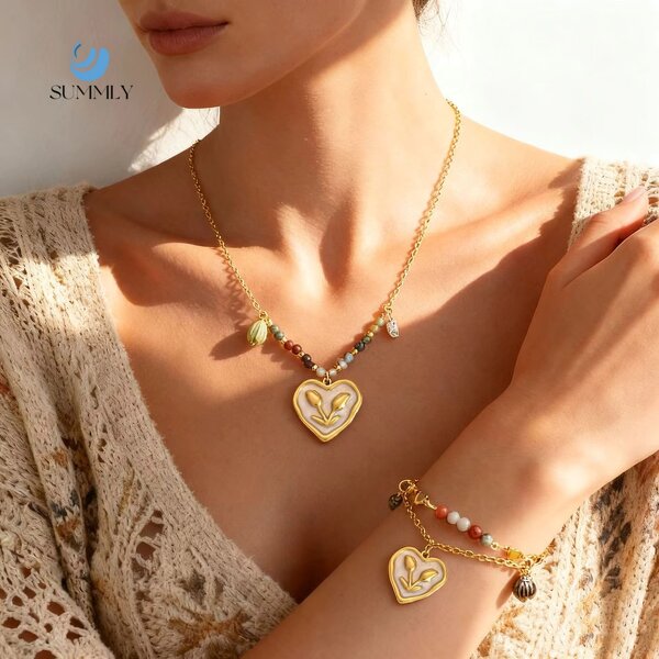 Drip Oil Heart Necklace Manufacturer - Vintage Beaded Chain 18K Gold Plated